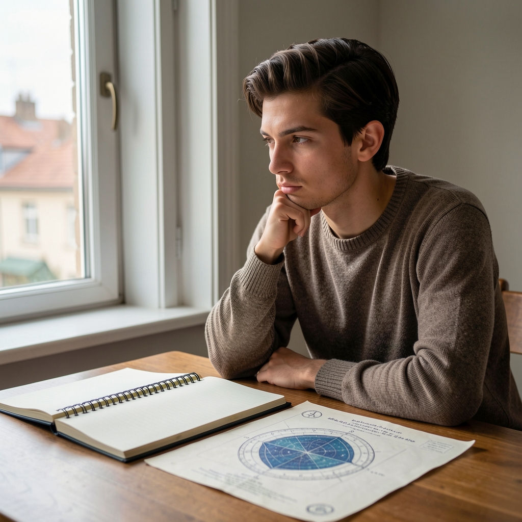 Persona joven reflexionando frente a una ventana con un cuaderno de notas y una carta astral impresa sobre la mesa