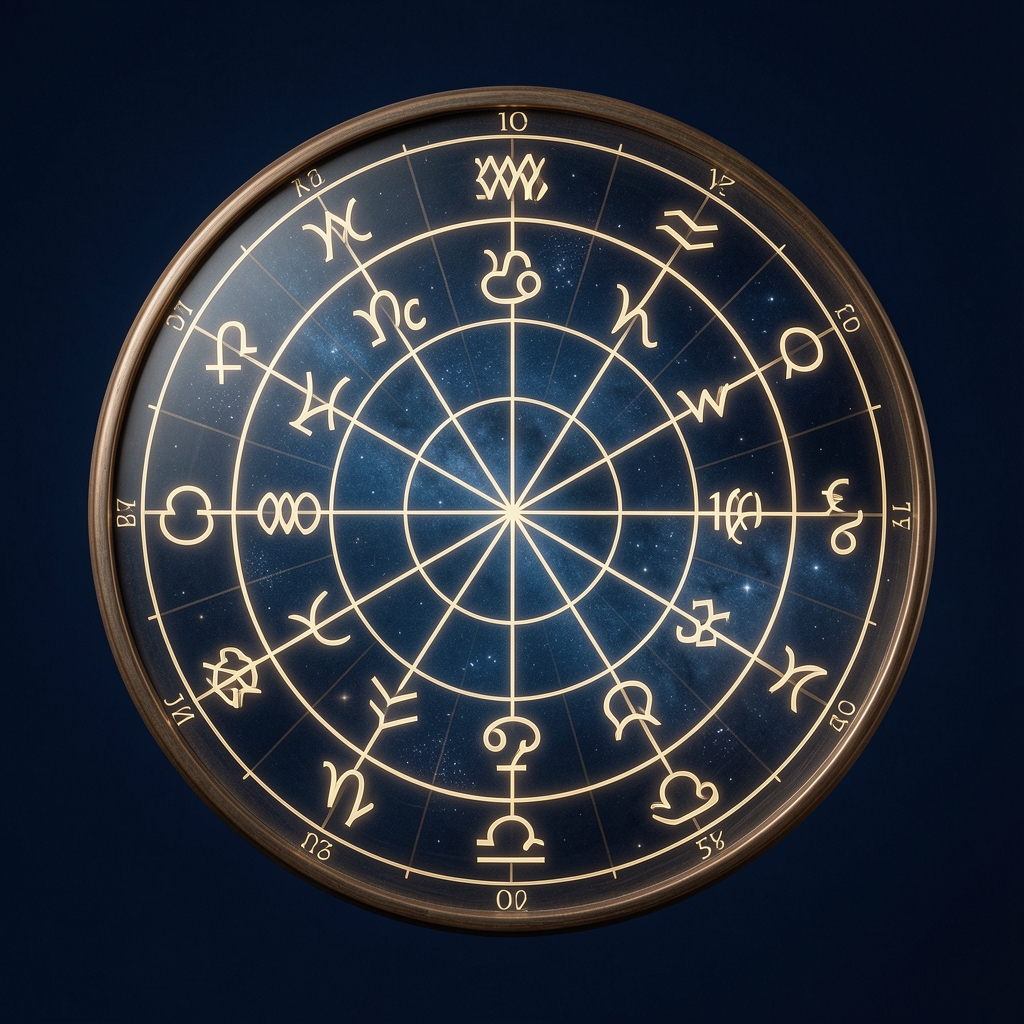 Rueda zodiacal con división de las doce casas astrológicas iluminada sobre fondo azul oscuro