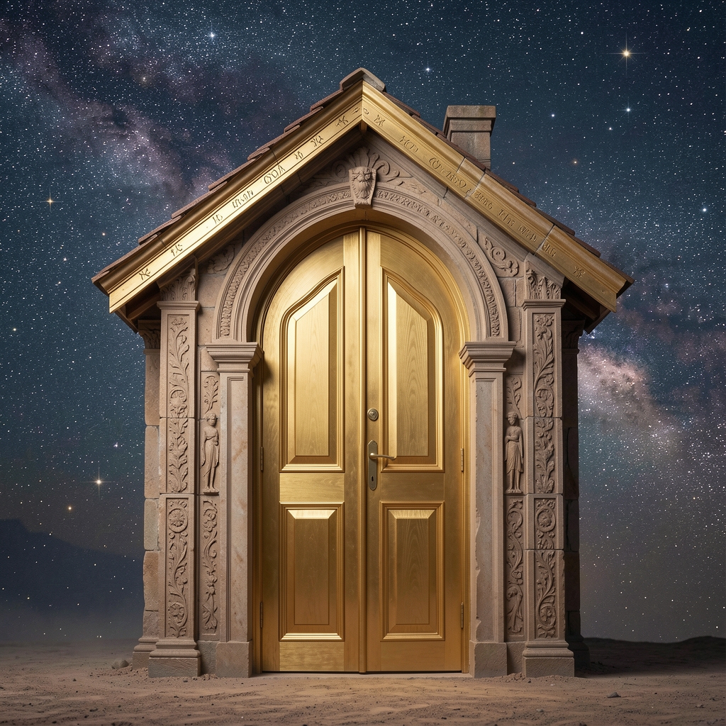 Ilustración simbólica de una casa astrológica angular representada como una puerta dorada bajo un cielo estrellado