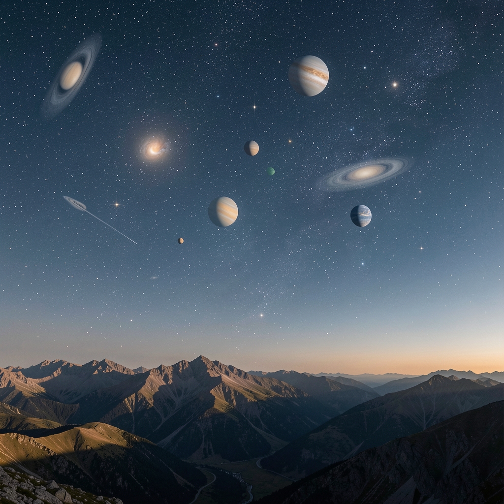 Cielo nocturno despejado con varios planetas visibles y estrellas brillantes sobre un horizonte montañoso