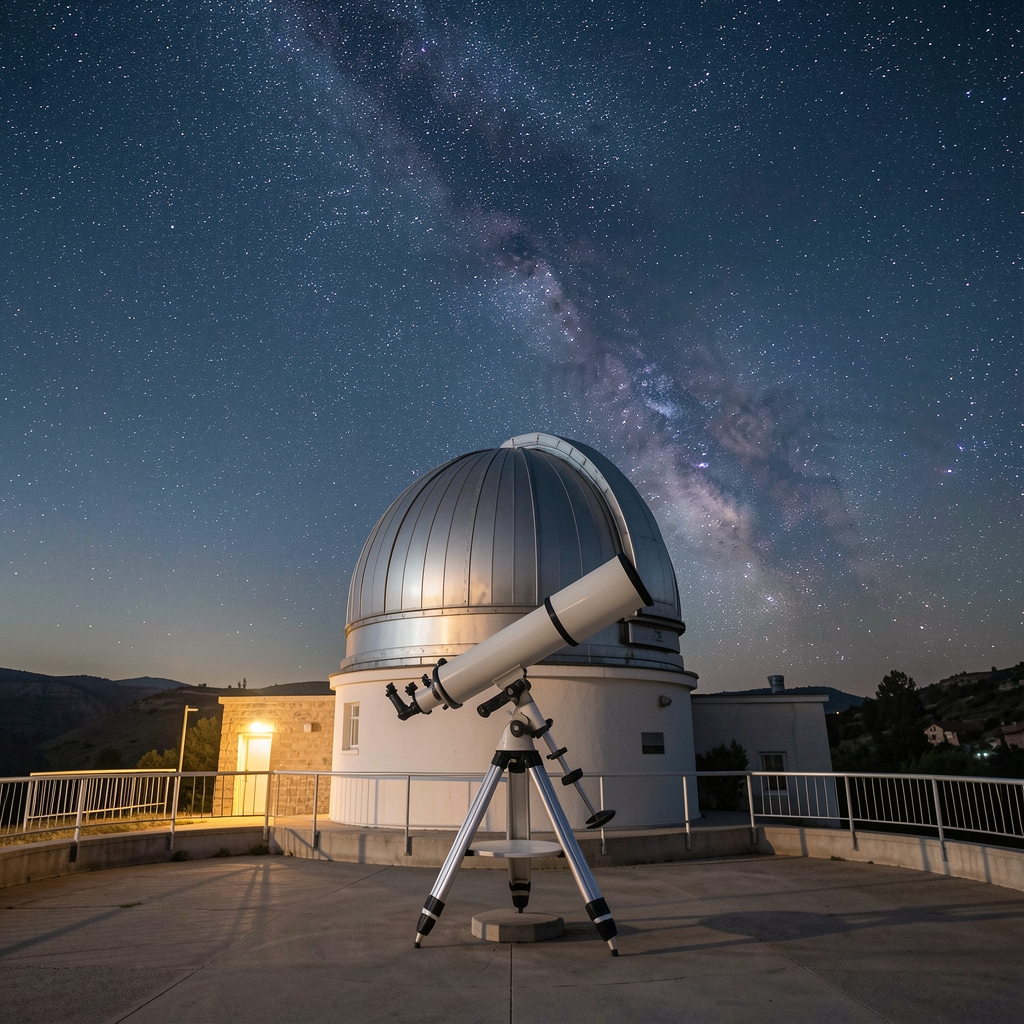 Observatorio astronómico iluminado de noche con telescopio apuntando hacia el cielo estrellado