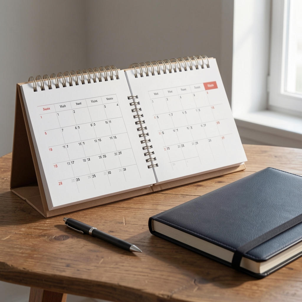Calendario anual de escritorio abierto junto a una lapicera y una agenda de tapa dura