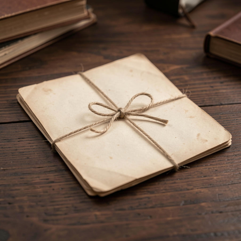 Cartas de correspondencia antiguas atadas con hilo sobre un escritorio de madera oscura