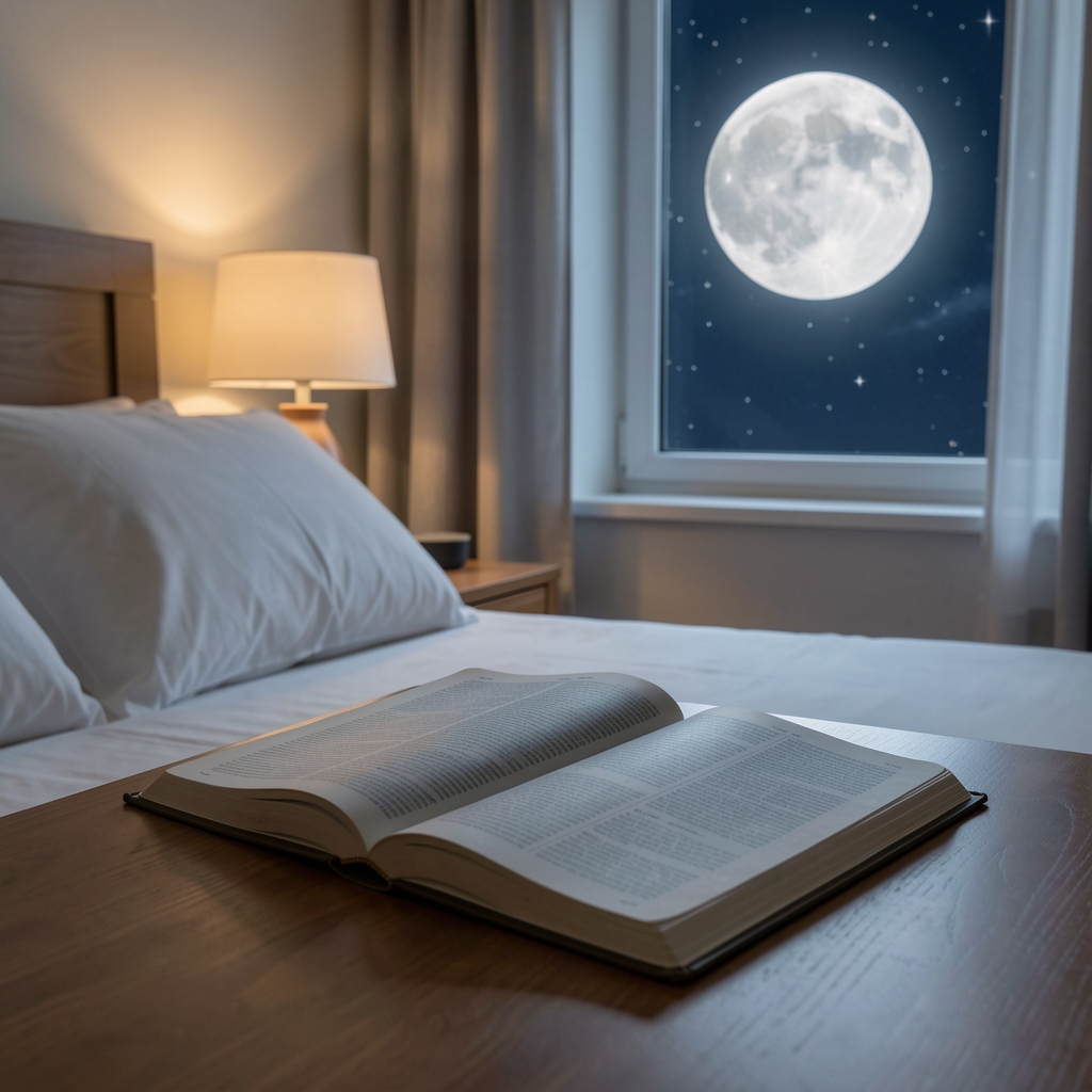 Diario de hábitos abierto sobre una mesa de noche iluminada por la luz de la luna llena a través de la ventana