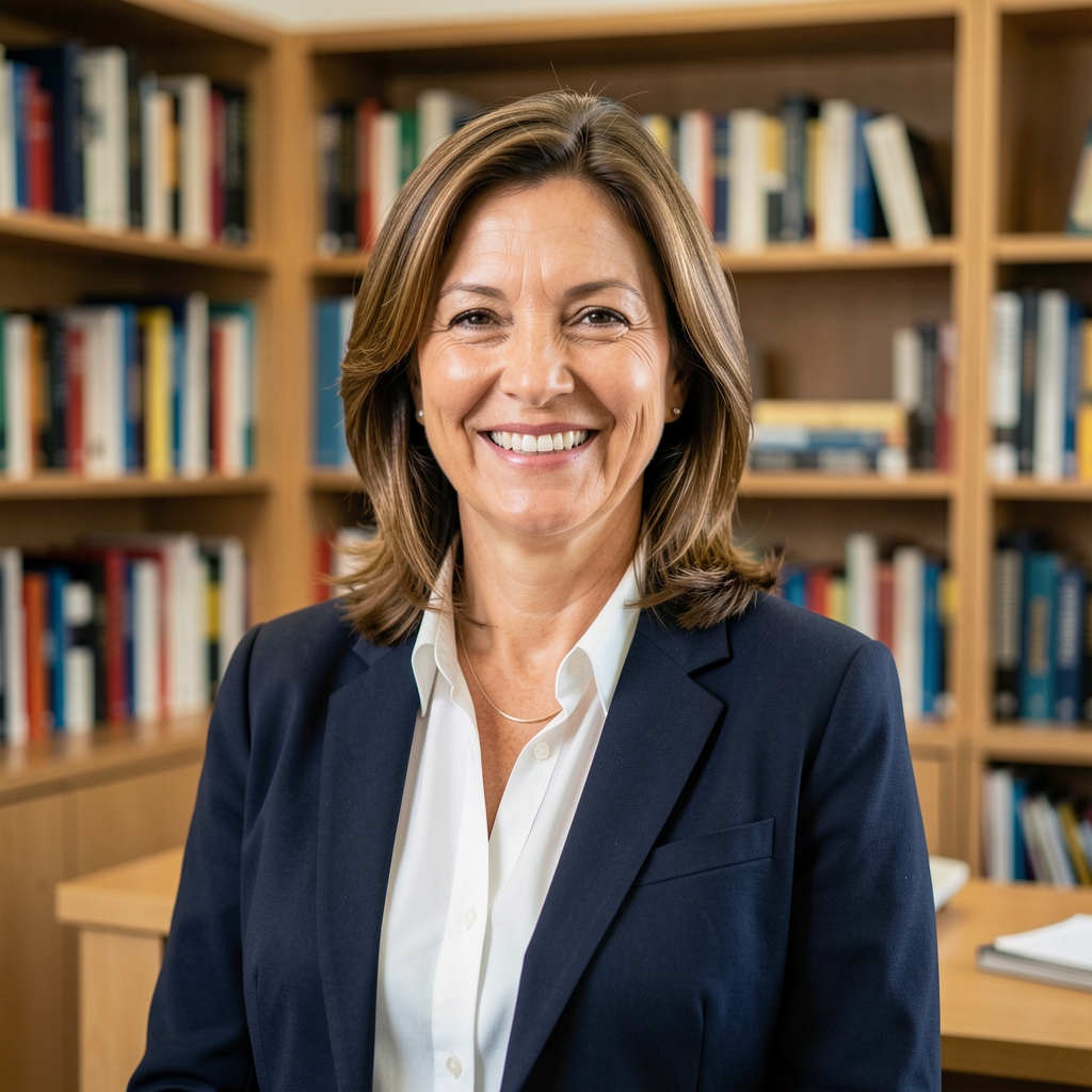 Retrato de mujer de unos cuarenta años sonriendo en una oficina con estanterías de libros de fondo