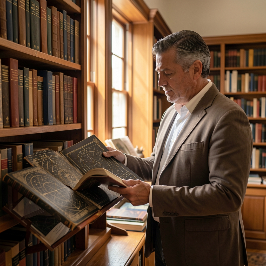 Hombre de mediana edad consultando libros antiguos de astrología en una biblioteca con luz natural