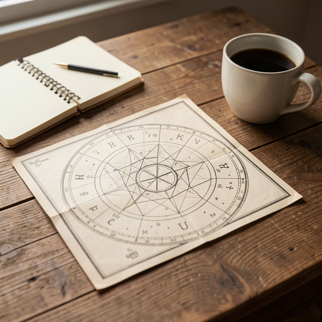 Carta astral impresa sobre una mesa de madera junto a una libreta de notas y una taza de café