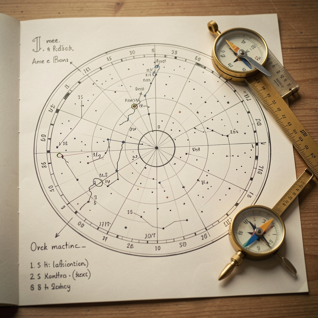 Mapa estelar dibujado a mano sobre papel con anotaciones y un compás de dibujo técnico