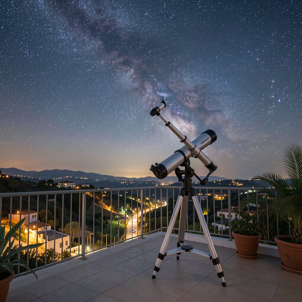 Telescopio apuntando al cielo estrellado desde una terraza durante la noche en Buenos Aires