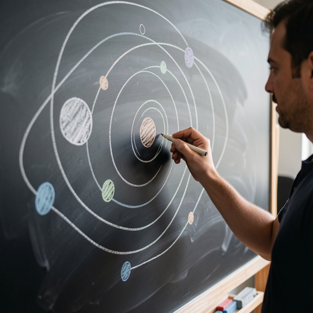 Mano dibujando con tiza un diagrama de órbitas planetarias sobre una pizarra negra