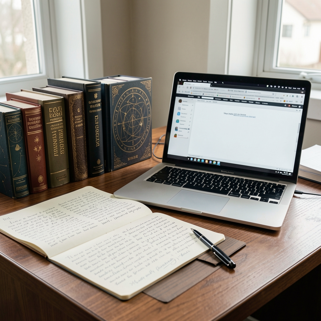Escritorio de redacción con notas manuscritas, libros de astrología y una computadora portátil encendida