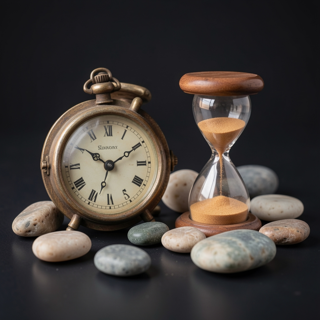 Reloj de arena antiguo junto a piedras pulidas sobre una superficie oscura, simbolizando el paso del tiempo