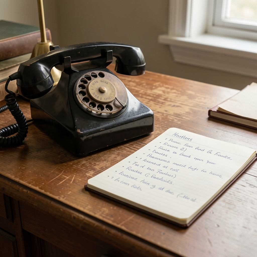 Teléfono de disco antiguo sobre un escritorio junto a una libreta con mensajes anotados a mano